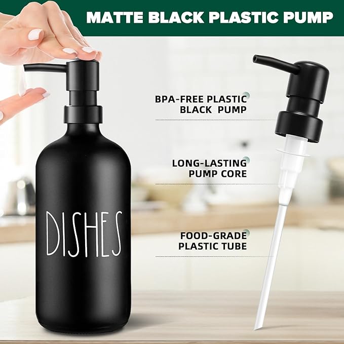 VIMERPA Hand and Dish Soap Dispenser Set, Matte Black Hands Dishes Soap Dispenser Set for Kitchen, 2 Pack Glass Soap Dispensers Set with Plastic Pump, 17 Fl Oz Refillable Liquid Soap Bottles - Image 4