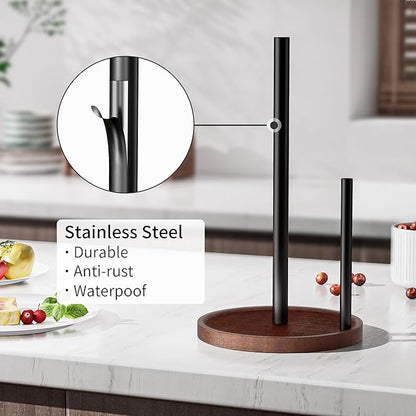 Wooden Paper Towel Holder Countertop - Kitchen Paper Towel Holder Stainless Steel with Real Wood Base, Farmhouse Paper Towel Roll Dispenser Fits Standard and Jumbo Size Paper Towels.