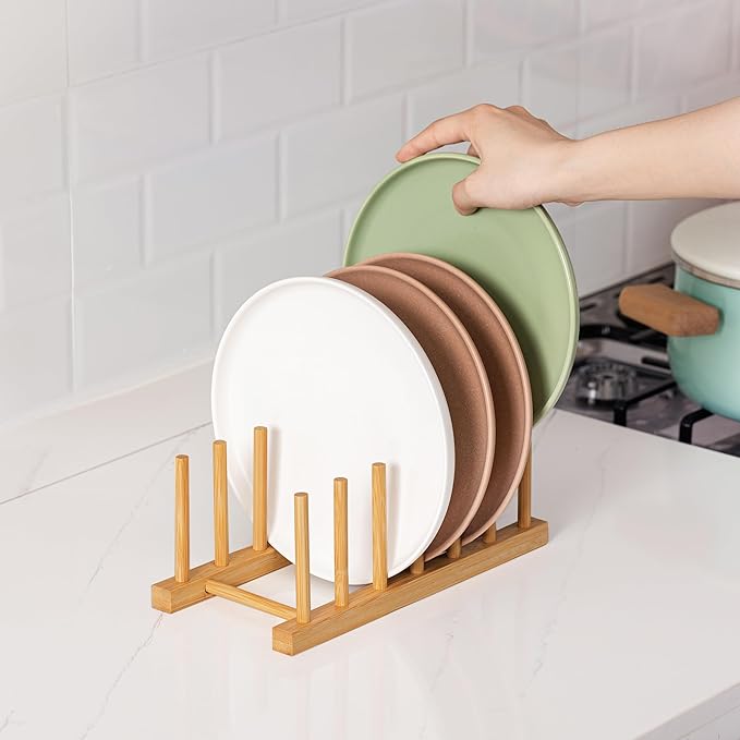 HBlife Bamboo Dish Plate Bowl Cup Book Pot Lid Cutting Board Drying Rack Stand Drainer Storage Holder Organizer Kitchen Cabinet（Keep Dry） - Image 6