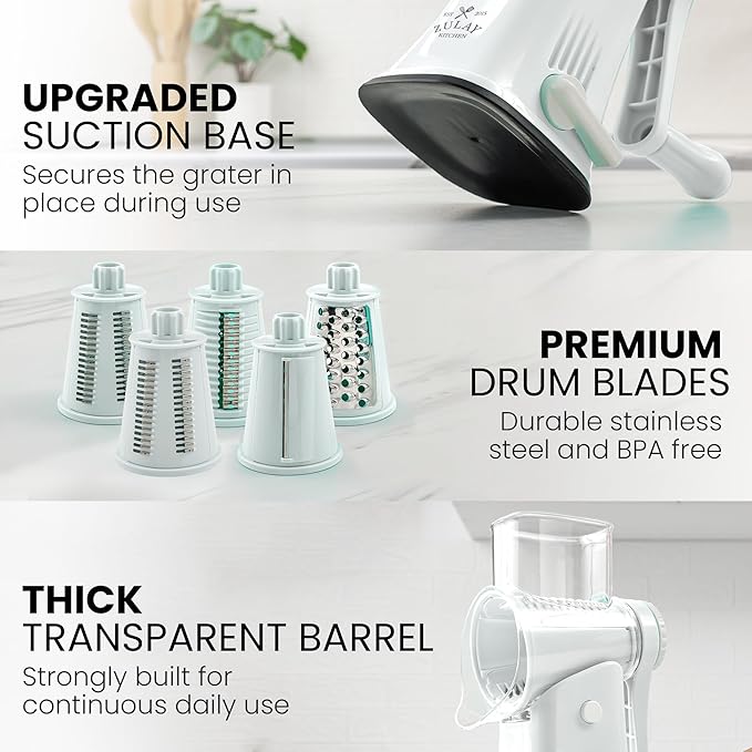 Zulay Kitchen Rotary Cheese Grater 5 Blade Cheese Shredder - Manual Hand Crank Cheese Grater With Reinforced Suction & 5 Interchangeable Drums - Easy to Use, Vegetable Chopper Round Mandoline Slicer - Image 11