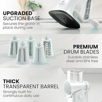 Zulay Kitchen Rotary Cheese Grater 5 Blade Cheese Shredder - Manual Hand Crank Cheese Grater With Reinforced Suction & 5 Interchangeable Drums - Easy to Use, Vegetable Chopper Round Mandoline Slicer - Image 11