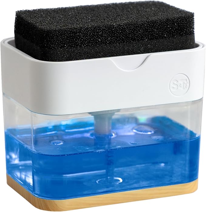 S&T INC. Dish Soap Dispenser and Sponge Holder for Kitchen Sink, Waterproof Labels and Sponge Included, 13 Ounces, Plastic, White and Bamboo by STINC