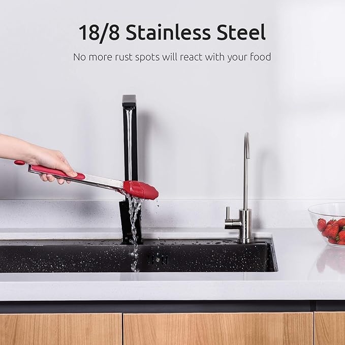 U-Taste Kitchen Tongs, 7/9/12 inches Cooking Tongs, with 600ºF High Heat-Resistant Non-Stick Silicone Tips, 18/8 Stainless Steel Handle, for Food Grill, Salad, BBQ, Frying, Serving, Pack of 3(Red) - Image 8