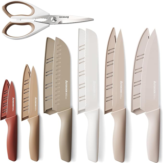 Astercook Knife Set, 13 Pieces Kitchen Knives Set with Healthy Anti-Rust Coating, Dishwasher Safe, Stainless Steel Chef Knife Sets with 6 Blade Guards, Perfect Mothers Day Gifts for Kitchen by Astercook