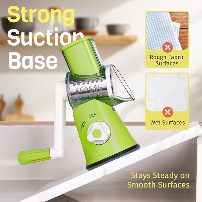 Rotary Cheese Grater Hand Crank, 3 Blades Slicer Shredder, Cheese Grater for Kitchen, Multi-Functional Kitchen Tool for Vegetables, Nuts, Chocolate, with Strong Suction Base, Green - Image 6