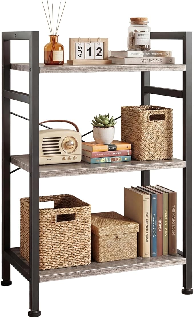 DUMOS 3 Tiers Bookshelf, Classical Book Shelf, Tall Display Shelves in Living Room/Home/Office, Storage Organizer for CDs/Books/Movies, Wood Grey by DumosLifestyle