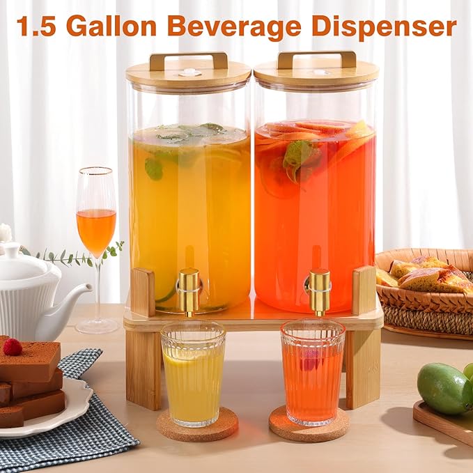 1.5 Gallon 2PCS Glass Drink Dispenser for Parties,Beverage Dispenser with Wooden Stand, Lemonade Dispenser,Juice Containers & Water Pitcher with Lid for Lemonade, Iced Tea and Party Drinks - Image 7