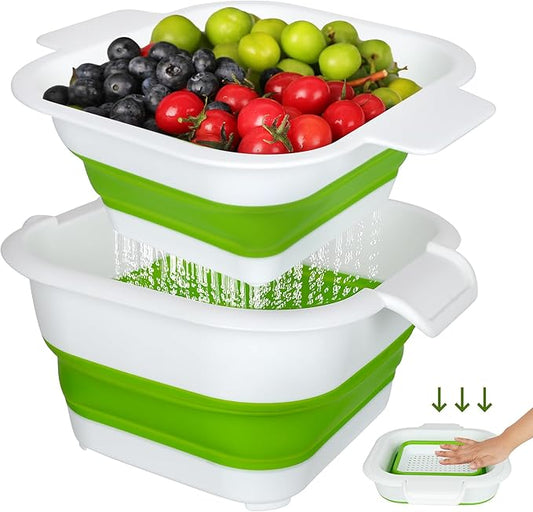 Collapsible Colander Set with Strainer Bowl, 2 in 1 Fruit Washing Basket with Strainer, 5 + 3 QT Plastic Colanders for Kitchen, Foldable Double Layered Colander Bowl for Berry, Vegetable, Green by ROTTOGOON