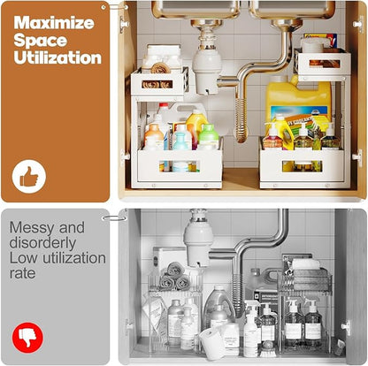 1-Pack Under Sink Organizers and Storage,2-Tier L Shape Pull Out Cabinet Organizer With Round Tube Slide Rails,Hight Adjustable Slide Out Drawers for Kitchen&Bathroom,Multi-Purpose Storage Shelf-White - Image 7