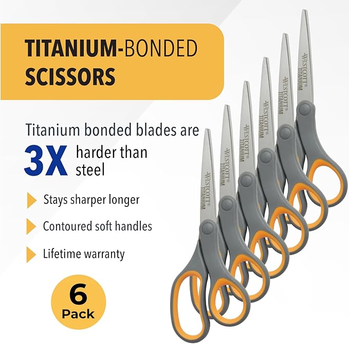 Westcott Titanium Bonded Scissors, Soft Handle, 8", Straight, Gray/Yellow, 6-Pack - Image 2