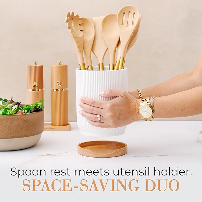 STYLED SETTINGS White Ceramic Utensil Holder with Built-In Wooden Spoon Rest –2PC Set for Kitchen Countertop Organization – Ceramic Utensil Crock & Wood Spoon Rest for Clean, Stylish Cooking - Image 3