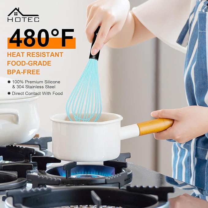 HOTEC 4 Pieces Silicone Whisks Set, Wire Balloon Whisks Egg Beater, Non-slip Handle Whisk for Non-stick Cookware Perfect for Cooking, Stirring, Beating and Blending (Blue) - Image 4