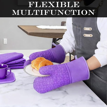 Oven Mitts and Pot Holders Sets 6pcs, Kitchen Oven Glove,High Heat Resistant 550 Degree Extra Long Oven Mitts and Potholders with Non-Slip Silicone Surface for Home Essentials (Grey) (Purple) - Image 5