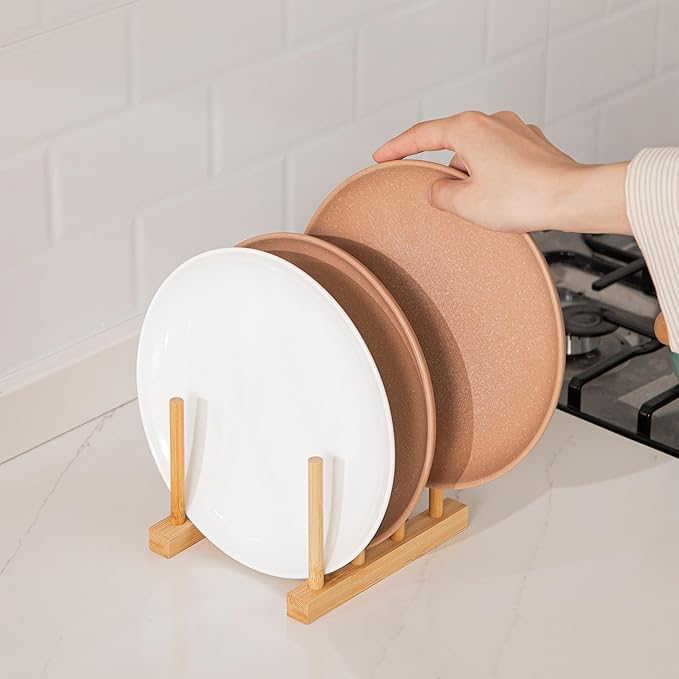 HBlife 4pcs Bamboo Dish Plate Bowl Cup Book Pot Lid Cutting Board Drying Rack Stand Drainer Storage Holder Organizer Kitchen Cabinet（Keep Dry） - Image 4