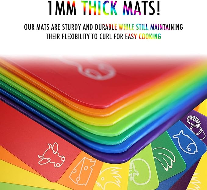 Cutting Board Mats Flexible Plastic Colored Mats with Food Icons, Fotouzy BPA-Free, Non-Porous, Anti-skid back and Dishwasher Safe, Set of 7 Rainbow - 7 Pieces - Image 2
