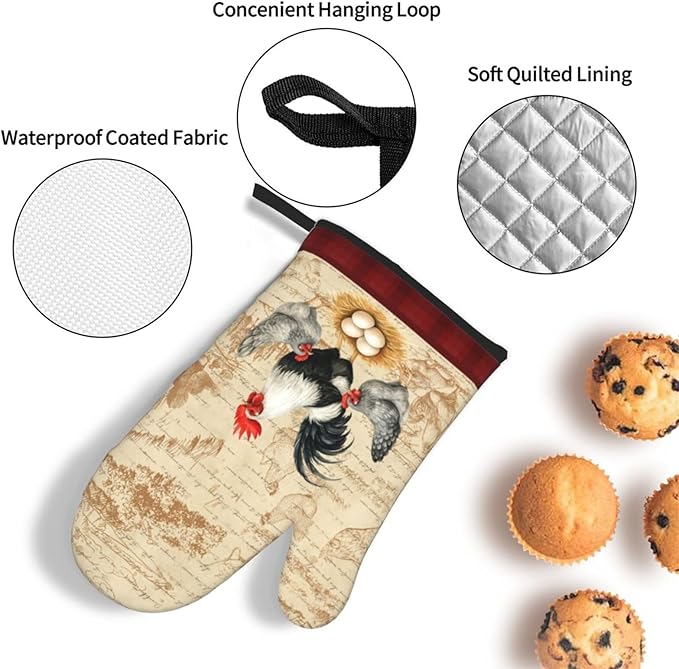 Rooster Chichen Oven Mitts and Pot Holders Sets,Cute Hot Pads Baking Gloves,Vintage Kitchen Mitts for Oven,Chichen Gifts & Baking Gifts for Women
