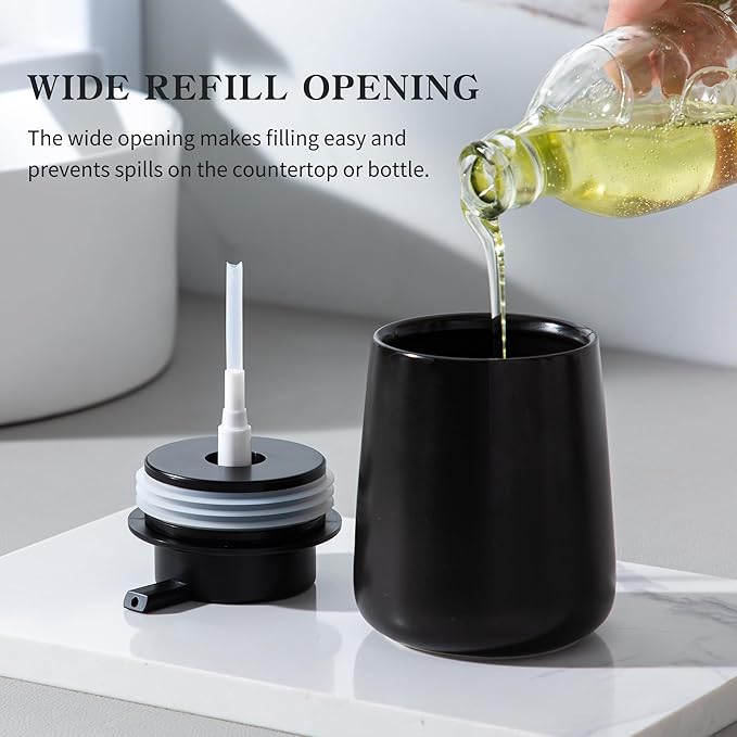 Enra Black Soap Dispenser,12 oz Ceramic Hand Lotion Dispenser, Refillable Dish Soap Dispenser,Modern Liquid Soap Dispenser for Bathroom,Kitchen with Easy-to-Press Pump(Black Liquid Type)