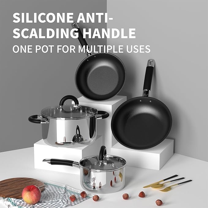 Pots and Pans Set Non Stick, 5 Ply Stainless Steel Cookware Set of 6, 2.8QT 6.5QT Pots 10” 11.5” Frying Pan, Compatible with Gas Induction Ceramic Stove, Dishwasher Safe