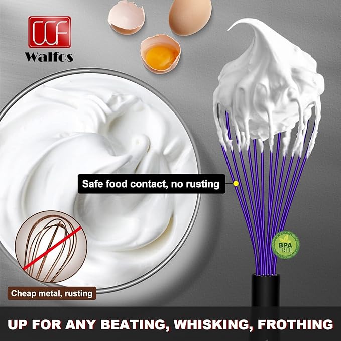 Walfos Whisk,7+9+11in Silicone Whisks for Cooking Non Scatch,Kitchen Whisk,BPA Free and Heat Resistant 480°F,Wisk Perfect for Frothing,Blending,Beating.Dishwasher Safe 3pcs Dark Purple - Image 6