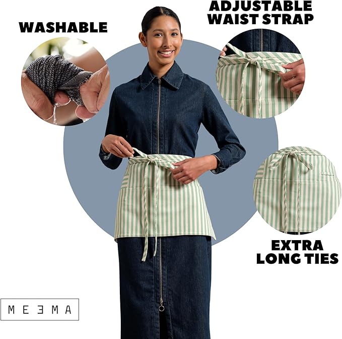 MEEMA Chef Waist Apron Cotton Fabric |Washable & Breathable Waitress & Server Half Aprons for Women with Pockets & Long Waist Straps | Cooking, Baking, Grilling & Crafting