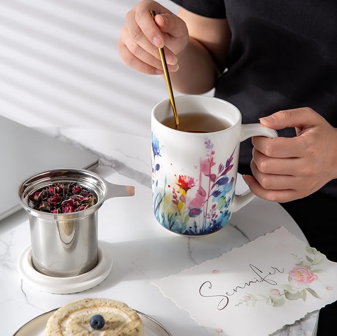AmorArc Porcelain Tea Mug with Infuser and Lids, 18 Oz Large Cup Strainer with Bag Holder for Loose Leaf Tea, Steeping Coffee Mug for House-warming Wedding Birthday Gift