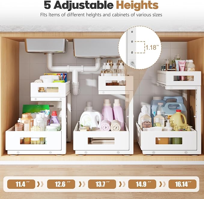 2-Pack Under Sink Storage Organizer, Large 2-Tier Elegant Mesh Pull Out Shelf for Kitchen and Bathroom Cabinet Organization, L-Shaped and Adjustable Height Design for Maximum Space Efficiency-White - Image 5