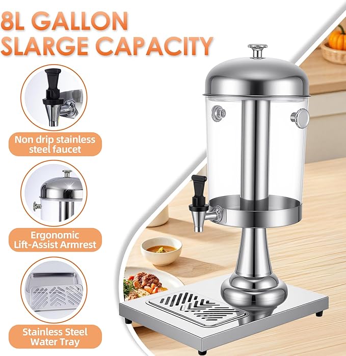2.11 Gallon Beverage Dispenser,Silver Stainless Steel Juice Drink Dispensers with Ice Core, Leak-proof Spigot and Detachable Drip Tray for Parties, Weddings & Outdoor (silver, 2.11 Gallon)