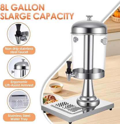 2.11 Gallon Beverage Dispenser,Silver Stainless Steel Juice Drink Dispensers with Ice Core, Leak-proof Spigot and Detachable Drip Tray for Parties, Weddings & Outdoor (silver, 2.11 Gallon)