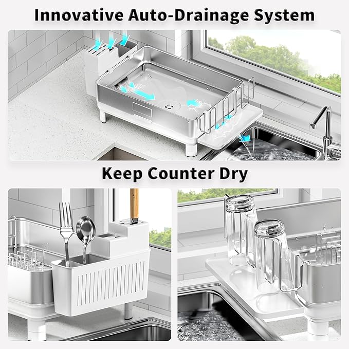 Ewaiira Dish Drying Rack, 304 Stainless Steel Dish Racks for Kitchen Counter, Dish Drainers with Automatic Drainage, Utensil Holder & Cups Holder, Space Saving Kitchen Organizer, White - Image 5