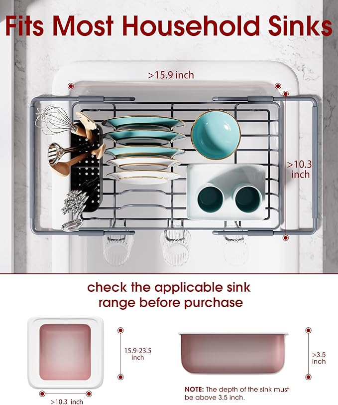 Sakugi Dish Drying Rack in Sink - Expandable Stainless Steel Dish Rack Over the Sink, Kitchen Sink Drain Strainer with Cutlery Holder & Cup Holders, 15.4 x 9.8 x 3.0 Inch, Silver - Image 2
