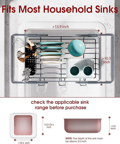 Sakugi Dish Drying Rack in Sink - Expandable Stainless Steel Dish Rack Over the Sink, Kitchen Sink Drain Strainer with Cutlery Holder & Cup Holders, 15.4 x 9.8 x 3.0 Inch, Silver - Image 2