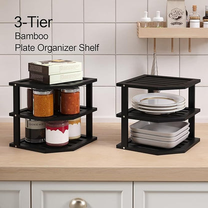 VERTORGAN 3 Tier Bamboo Corner Shelf(4 Pack),Dish Drying Rack,Plate Organizer,Kitchen Spice Rack for Countertop and Cabinet(Black)