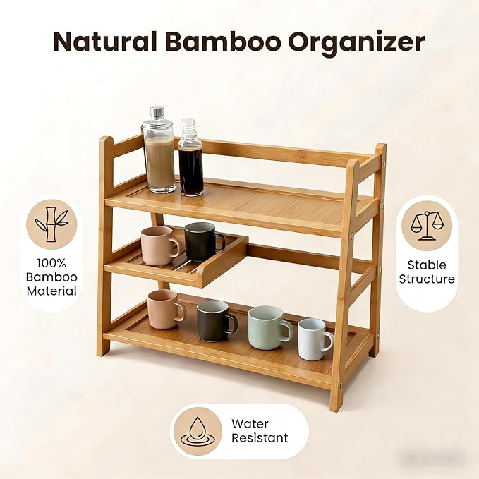 3 Tier Bamboo Matcha Station, coffee station organizer Shelf with Drawer for Kitchen Countertop, Tea Bar - Matcha Powder, Tools & Cup Organizer for Matcha Lovers, Home Baristas. - Image 3
