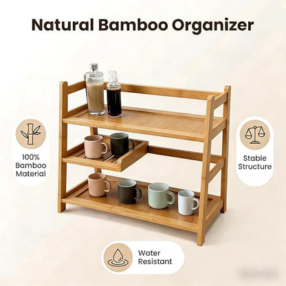 3 Tier Bamboo Matcha Station, coffee station organizer Shelf with Drawer for Kitchen Countertop, Tea Bar - Matcha Powder, Tools & Cup Organizer for Matcha Lovers, Home Baristas. - Image 3