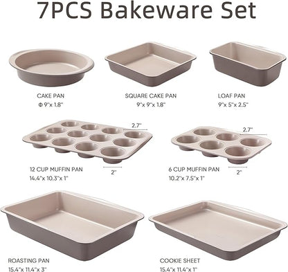 CAROTE 7-Piece Nonstick Stackable Baking Pans Set - Bakeware Sets Including Cookie Sheets for Baking, Muffin Pan, Bread Pan, Cake pan, Loaf Pan, Roasting Pan, Gray & Khaki - Image 2