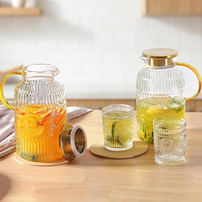 2 Pack Vintage Glass Pitchers with Lid, 68oz/ 2 Liter Glass Water Pitcher with Handle and Lid for Fridge, Iced Tea, Coffee, Borosilicate Glass Carafe for Hot/Cold Brew Drink