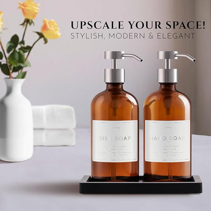 Glass Soap Dispenser Set of 2 (Amber) with Silicone Tray | Hand and Dish Soap Dispenser for Kitchen and Bathroom | 16.8 Oz Glass Bottles with Stainless Steel Pump & 15 Waterproof Labels (Amber/Silver)