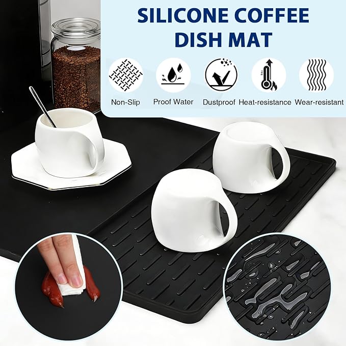 Silicone Coffee Mat 24" x 16", Heat Resistant Non Slip Leak Proof with Concave Convex Design & Detachable Drying Layer, Coffee Bar Mat for Espresso Machine, Coffee Maker Countertops (Black) - Image 5