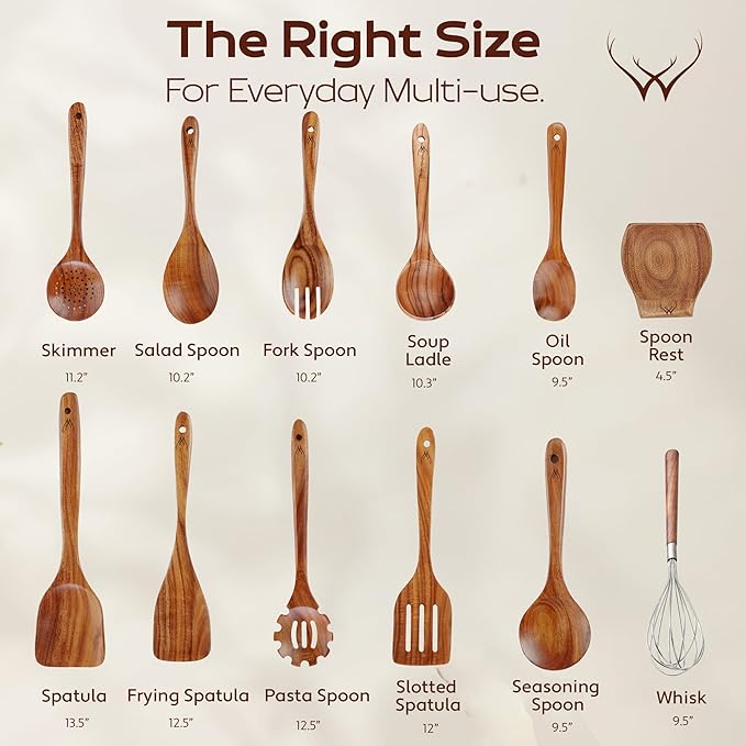 12 Pcs Wooden Cooking Utensils Set – Luxury Wooden Kitchen Utensils with Holder, Versatile Wooden Spoons for Cooking & Durable Teak Wood Utensil Set for Modern Home - Cooking spoons with Spatula - Image 3