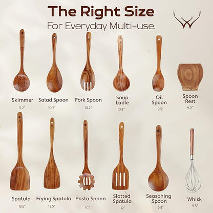 12 Pcs Wooden Cooking Utensils Set – Luxury Wooden Kitchen Utensils with Holder, Versatile Wooden Spoons for Cooking & Durable Teak Wood Utensil Set for Modern Home - Cooking spoons with Spatula - Image 3