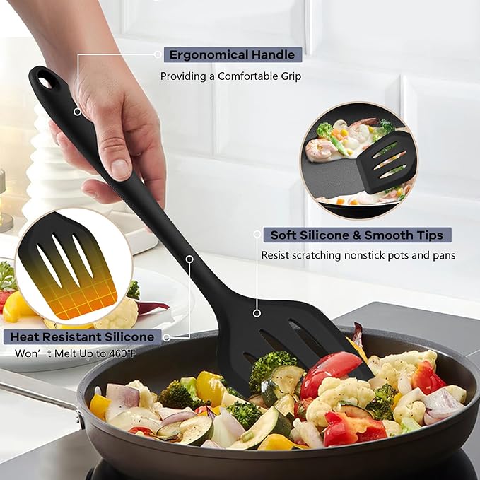 TeamFar Silicone Cooking Utensils, 10 pcs Kitchen Cooking Utensils Set, 446°F Heat Resistant Kitchen Gadgets Tools Set w/Spatula, Turners, Spoons, Soup Ladle, Pasta Server for Nonstick Cookware, Black - Image 3