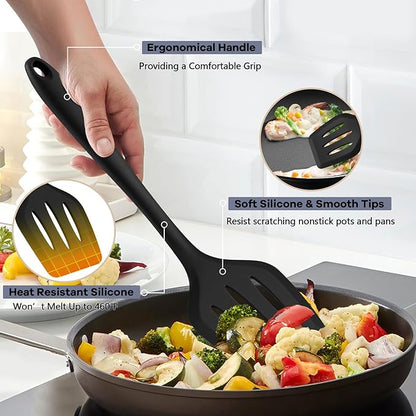 TeamFar Silicone Cooking Utensils, 10 pcs Kitchen Cooking Utensils Set, 446°F Heat Resistant Kitchen Gadgets Tools Set w/Spatula, Turners, Spoons, Soup Ladle, Pasta Server for Nonstick Cookware, Black - Image 3