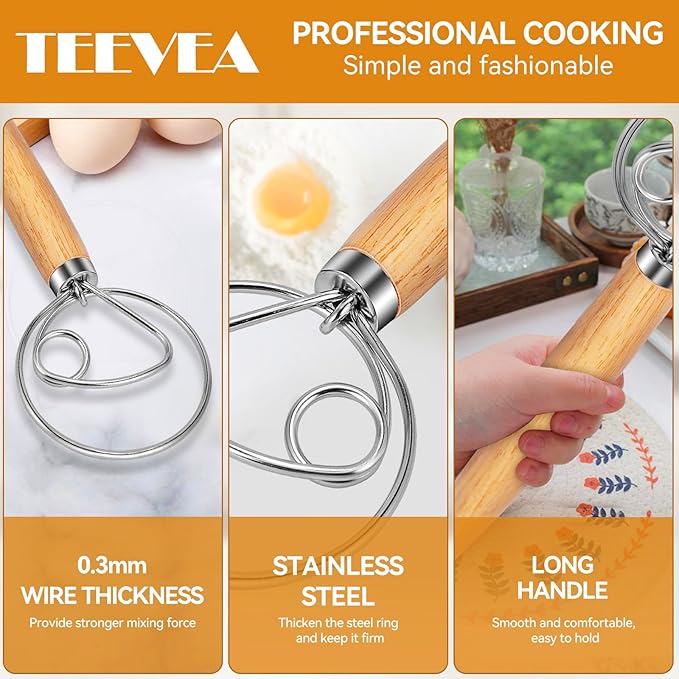 TEEVEA Danish Dough Whisk for Bread Sourdough, Wooden Handle & Stainless Steel Hook - Image 5