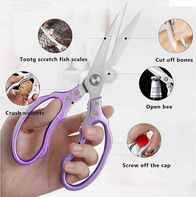 AWinjoy Heavy Duty Sharp Kitchen Scissors, Dishwasher Safe, Cooking Shears for Meat, Chicken, Fish, Poultry, Herb, Bread (Purple) - Image 2