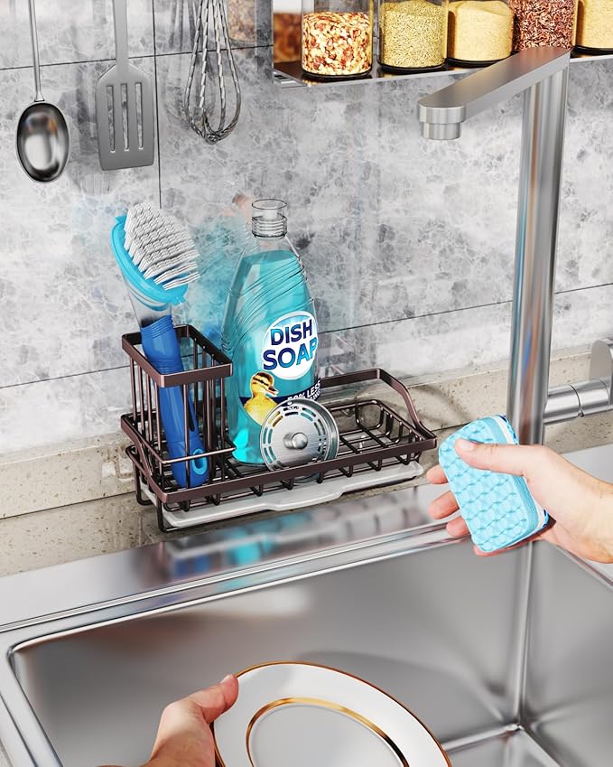Consumest Sink Caddy Kitchen Organizer, Sponge Holder for Kitchen Sink with Removable Drip Tray for Countertop Dish Soap Holder Dispenser Brush Holder, 304 Stainless Steel - Bronze - Image 7