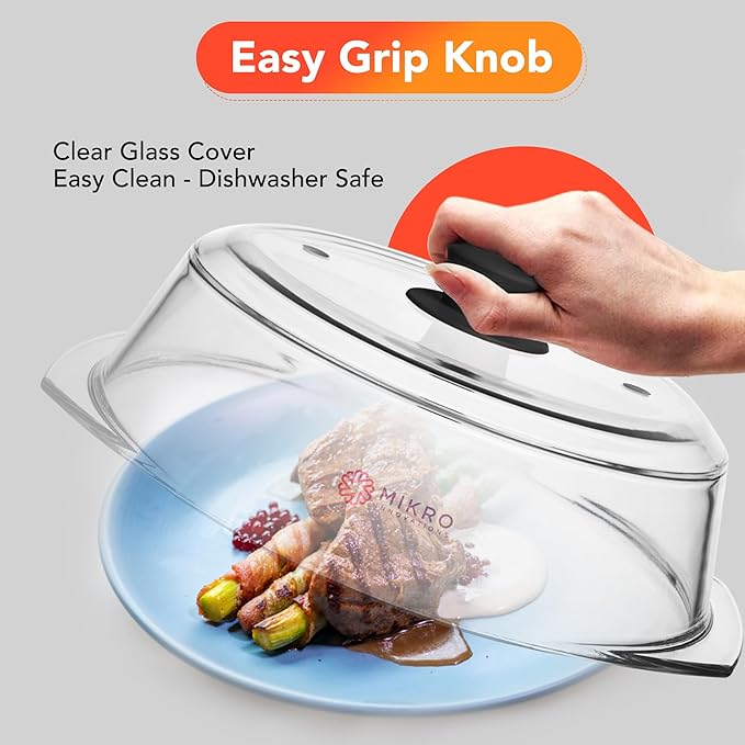 Tall Glass Microwave splatter cover | Sturdy clear 100% food safe BPA free glass lid with easy grip silicone handle | Heavy-duty glass for longer life, Dishwasher safe for easy cleaning - 10.5in - Image 6
