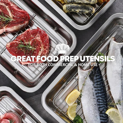 Stainless Steel Food Prep Container with Rack & Lid (Tray), 4.54Quarts, Catering Pans, Restaurant Pans, Buffet Party pan, Roasting Pan with Rack, Bakeware Roaster, Casserole (1307 / No7)
