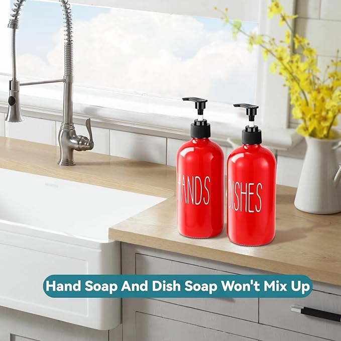 COHOSEGE Glass Soap Dispenser Set 2 Pack,16 Oz Dish Soap Dispenser for Kitchen Sink,Red Kitchen Accessories and Kitchen Decor,Red Decorations and Kitchen Utensils for Kitchen - Image 5
