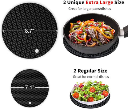 Silicone Trivet Mats - Walfos Heat Resistant Pot Holders Set, 4pcs 2 Sizes 7 Inch & 9 Inch, Multipurpose Non-Slip Hot Pads for Hot Pot, Hot Dishers, Jar Opener, Food Grade & BPA Free (Black)
