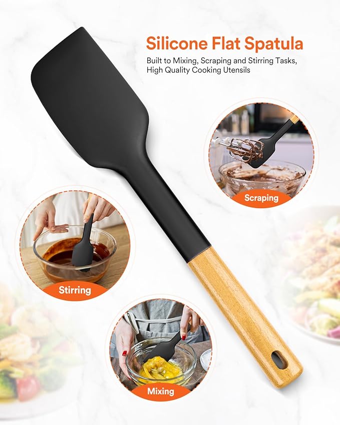 Silicone Heavy-Duty Spatula, Great For Tough Mixing And Stirring, Sturdy Bpa-Free Matte Silicone, Wooden Handle Rubber Scraper For Nonstick Cookwares (BLACK)